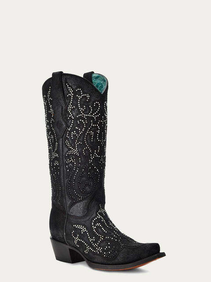 Women's Corral Black Genuine Leather Boots with Embroidery & Crystals, tall black leather cowboy boots with paisley studs