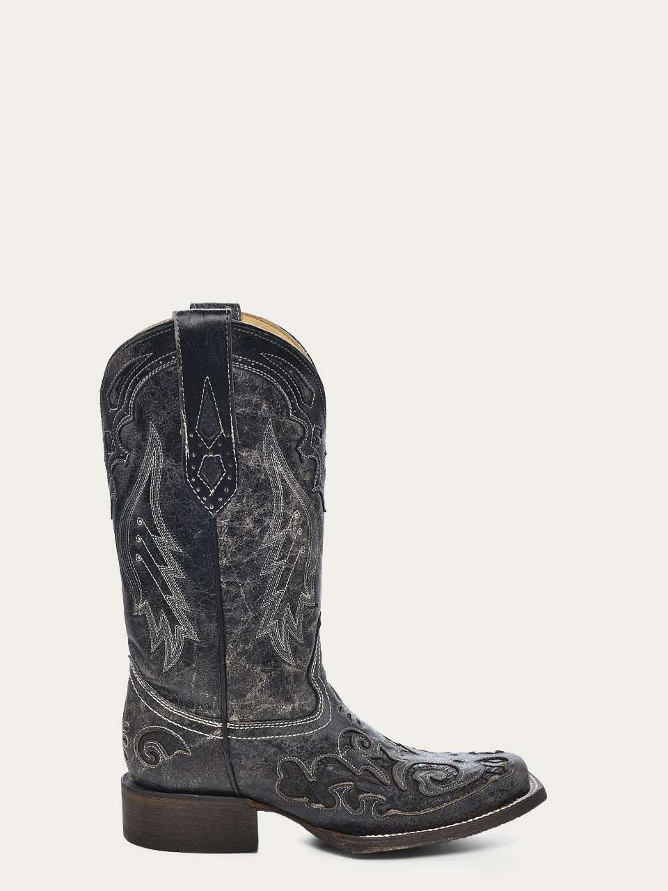 Women's Corral Black Genuine Leather Boots with Embroidery Snake Inlay, black leather western boot with ornate stitched embroidery