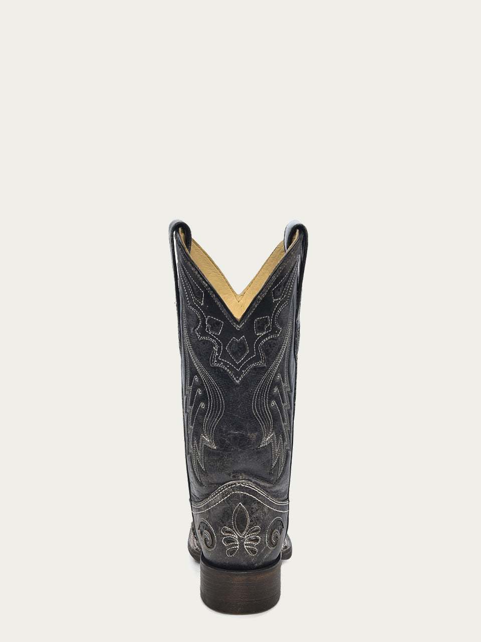 Women's Corral Black Genuine Leather Boots with Embroidery Snake Inlay, featuring ornate stitched western detailing