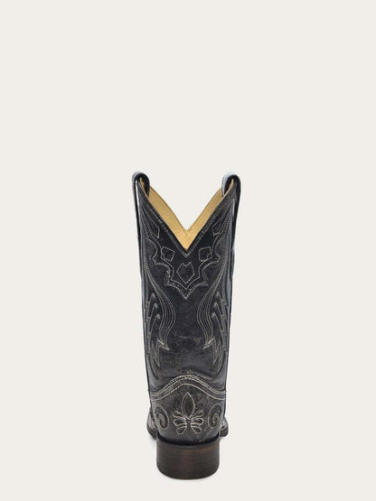 Women's Corral Black Genuine Leather Boots with Embroidery Snake Inlay, featuring ornate stitched western detailing