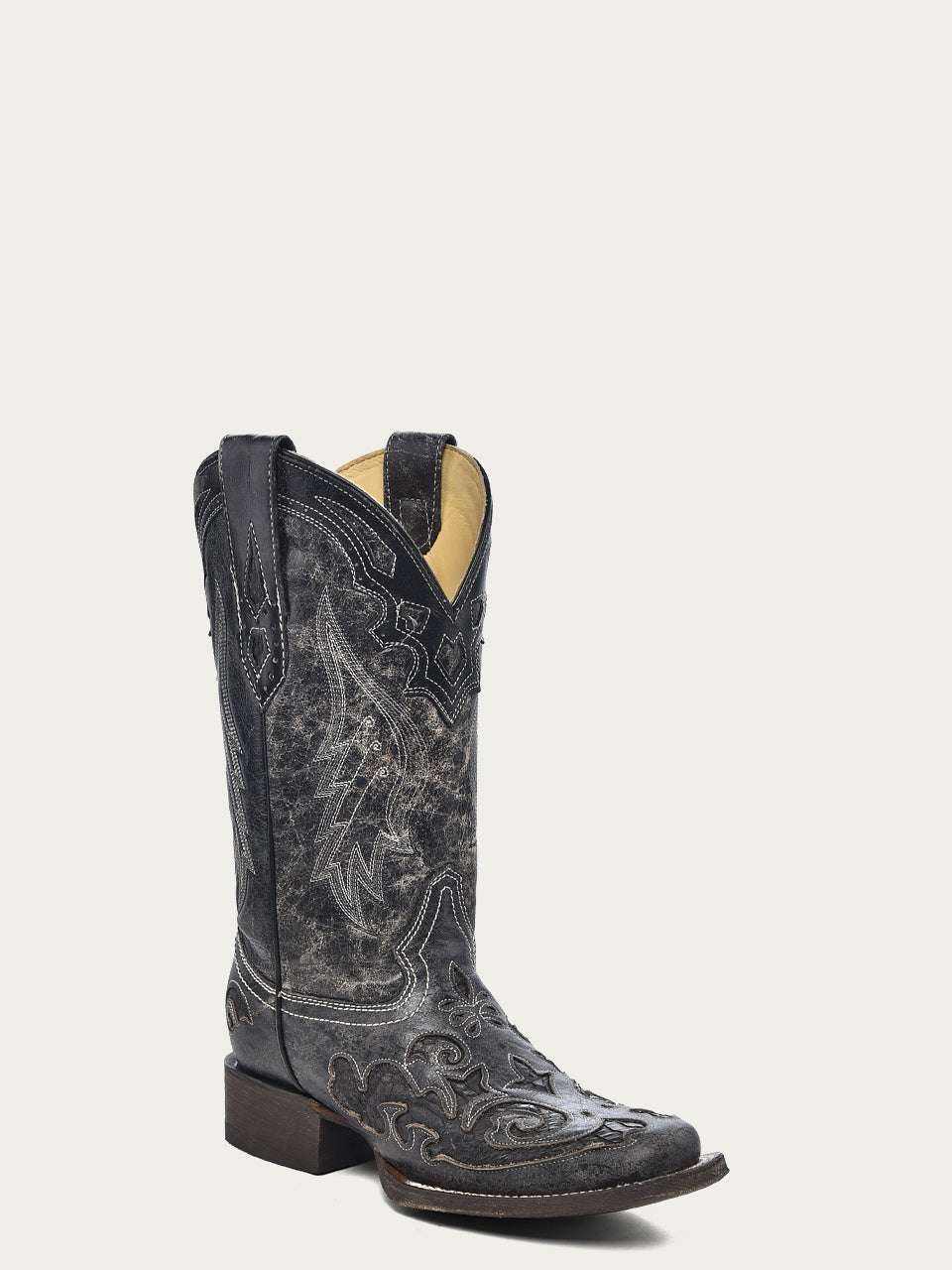 Women's Corral Black Genuine Leather Boots with Embroidery Snake Inlay, distressed western boots with ornate stitched patterns