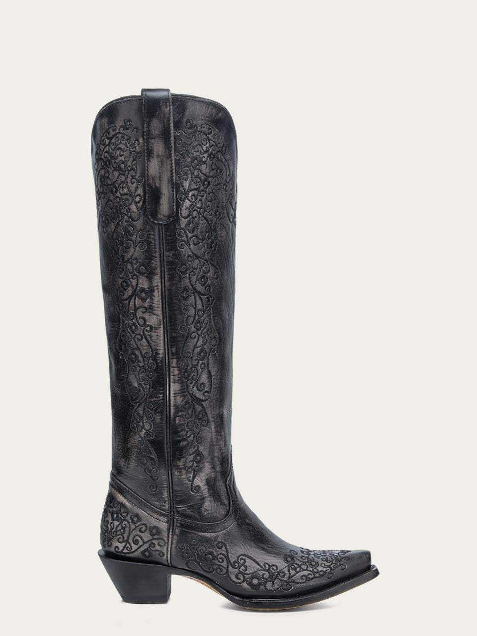 Women's Corral Black Genuine Leather Boots in black leather with tonal floral scroll embroidery, tall shaft and snip toe