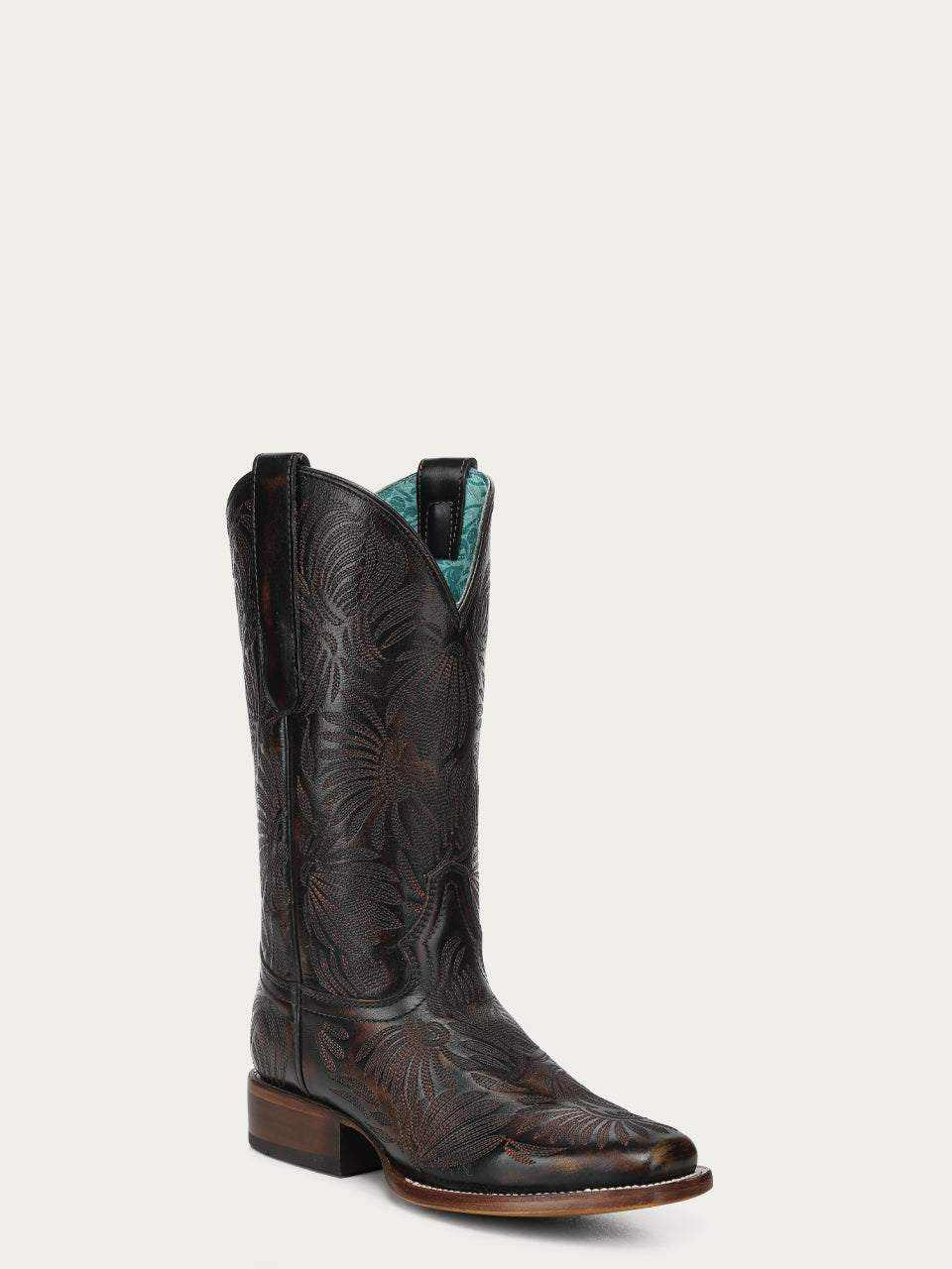 Women's Corral Black Genuine Leather Boots with Floral Petal embroidery, pointed toe and stacked heel