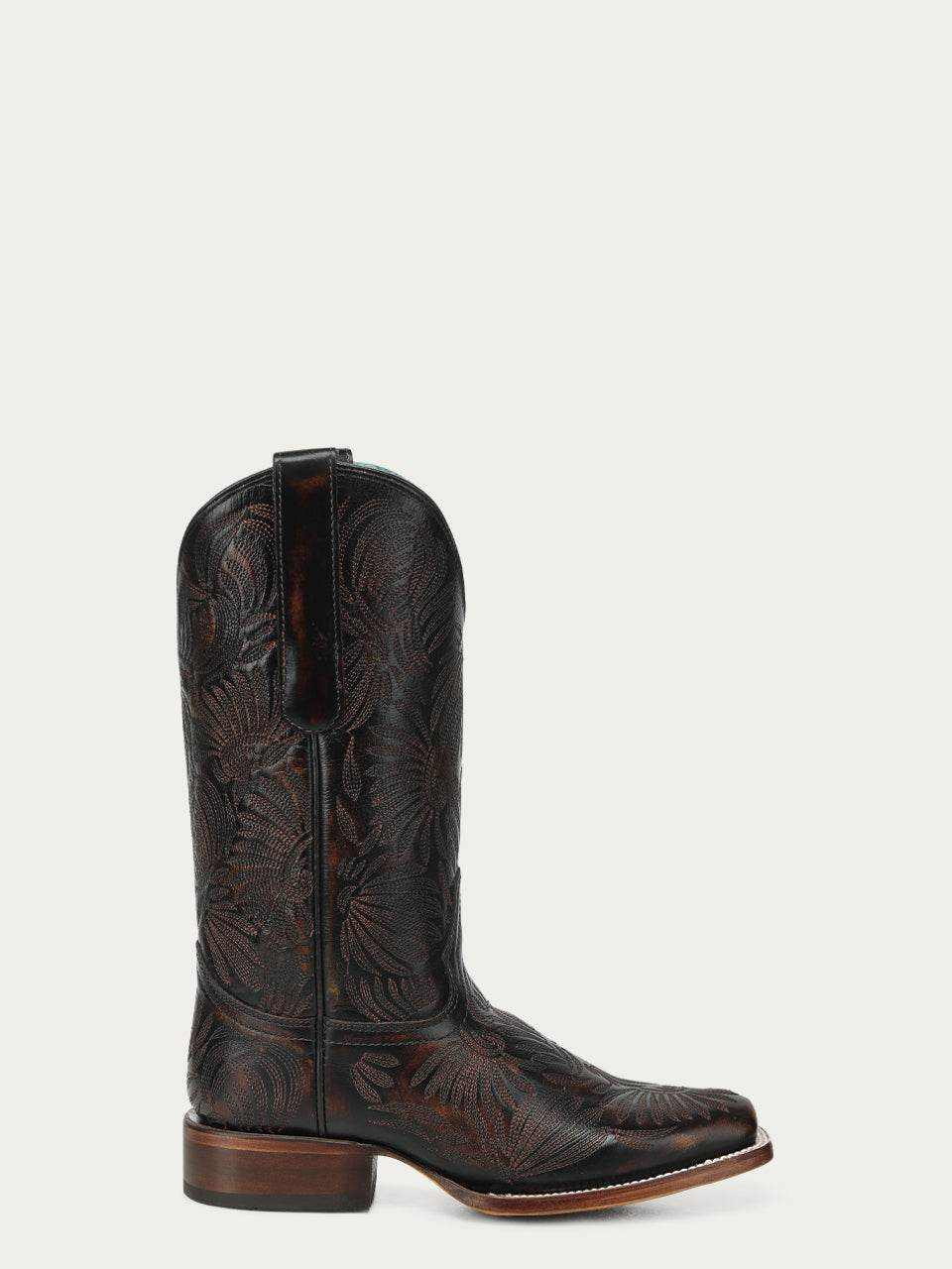 Women's Corral Black Genuine Leather Boots with Floral Petal embroidery, square-toe western boot with pull tab