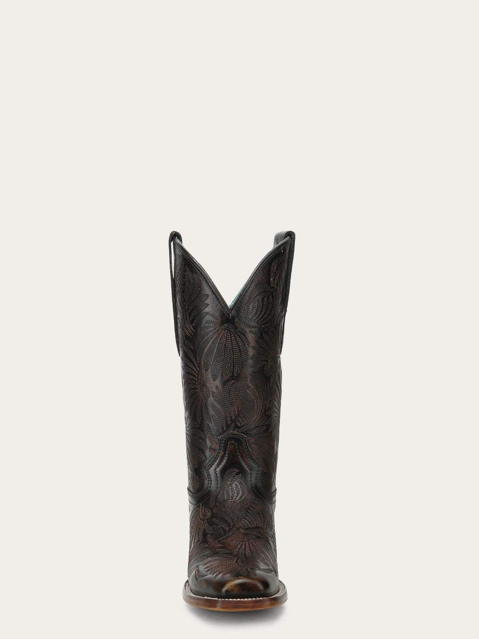 Women's Corral Black Genuine Leather Boots with Floral Petal, featuring dark floral embroidery and pointed shaft