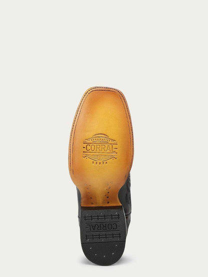 Women's Corral Black Genuine Leather Boots with Floral Petal showing a square toe and branded leather sole