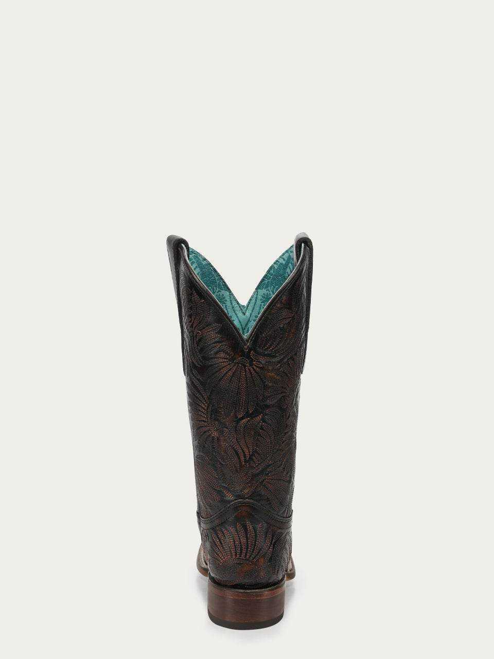 Women's Corral Black Genuine Leather Boots with Floral Petal, featuring floral embroidery and turquoise lining
