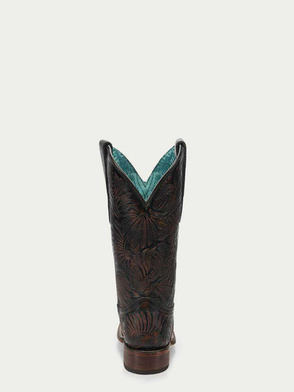 Women's Corral Black Genuine Leather Boots with Floral Petal, featuring floral embroidery and turquoise lining