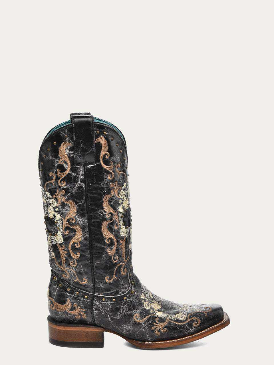 Women's Corral Black Genuine Leather Boots with Floral Skull, black leather western boot with floral embroidery and studs