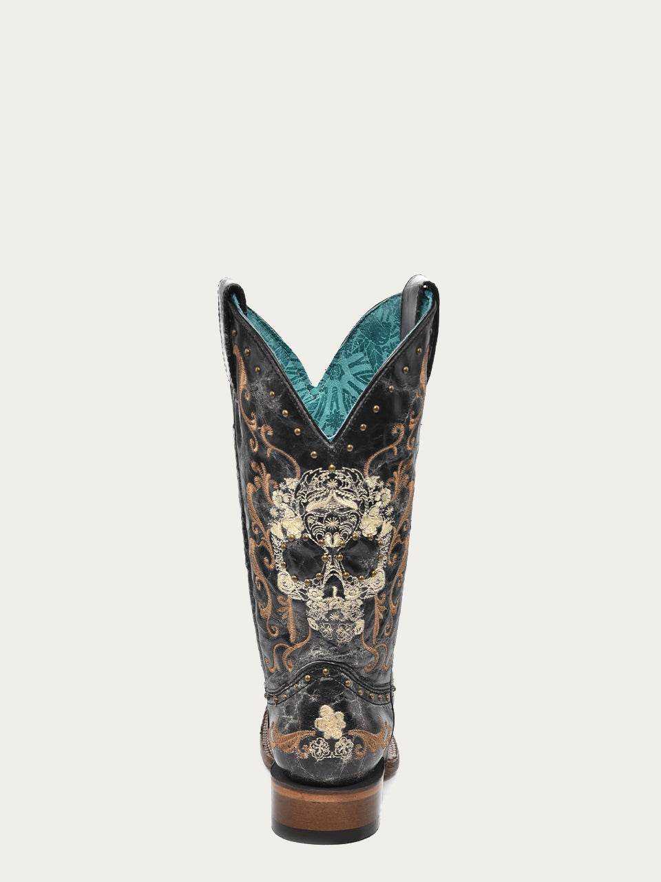 Women's Corral Black Genuine Leather Boots with Floral Skull, ornate floral skull embroidery, studs, and stacked heel