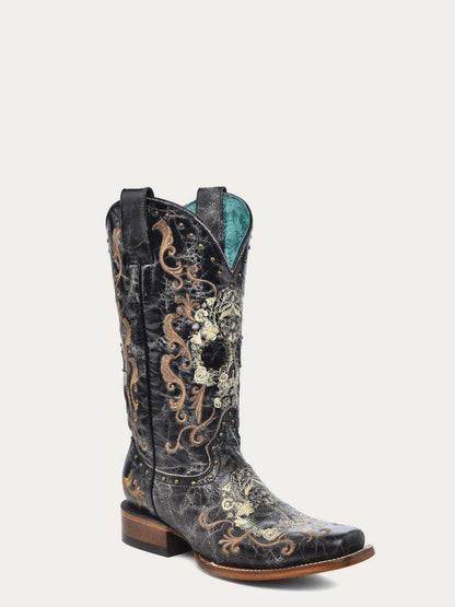 Women's Corral Black Genuine Leather Boots with Floral Skull, ornate Western boot with gold embroidery and studs
