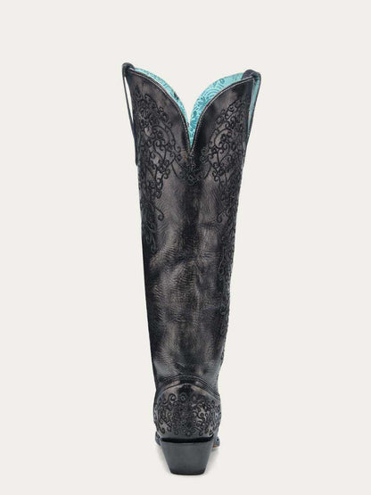 Women's Corral Black Genuine Leather Boots with black floral tooling and turquoise-lined tall shafts, shown from the back
