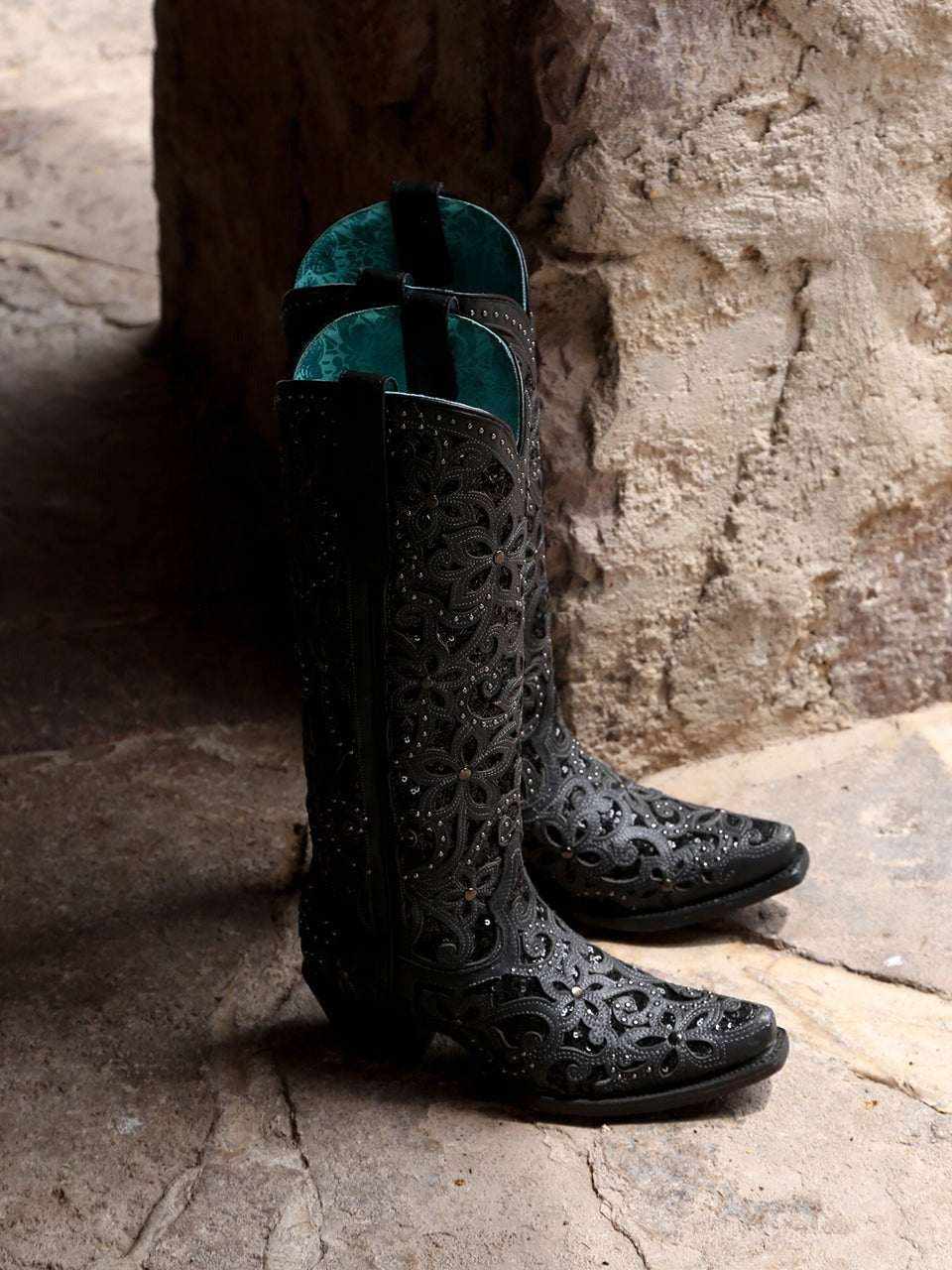 Women's Corral Black Genuine Leather Boots with Full Inlay & Studs featuring ornate floral cutouts and tall pull-on shafts