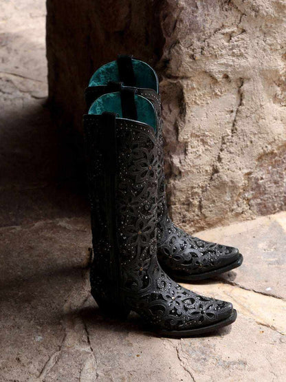 Women's Corral Black Genuine Leather Boots with Full Inlay & Studs featuring ornate floral cutouts and tall pull-on shafts