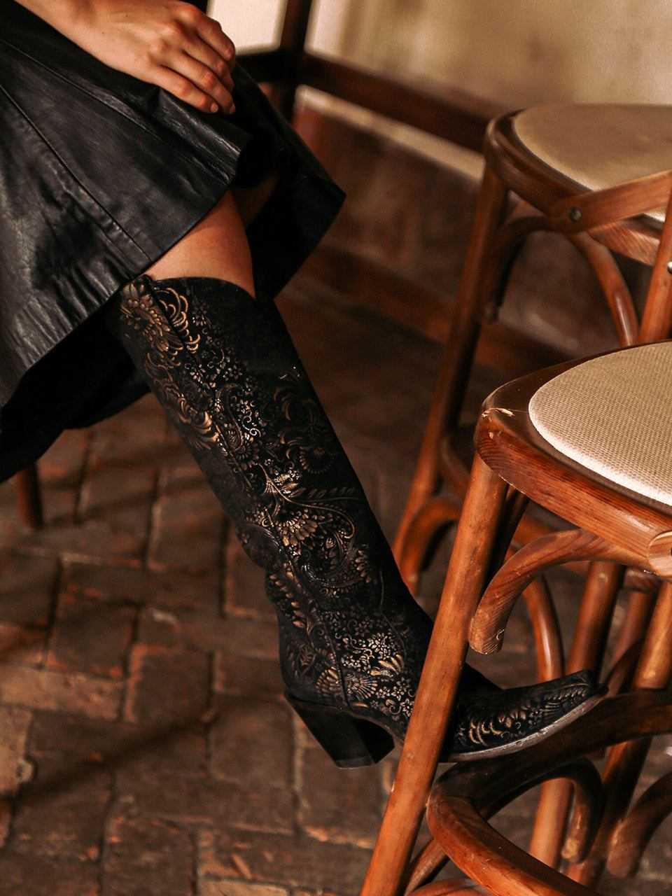 Women's Corral Black Genuine Leather Boots with Gold Stamped Floral, black tall leather boots with ornate gold floral detailing