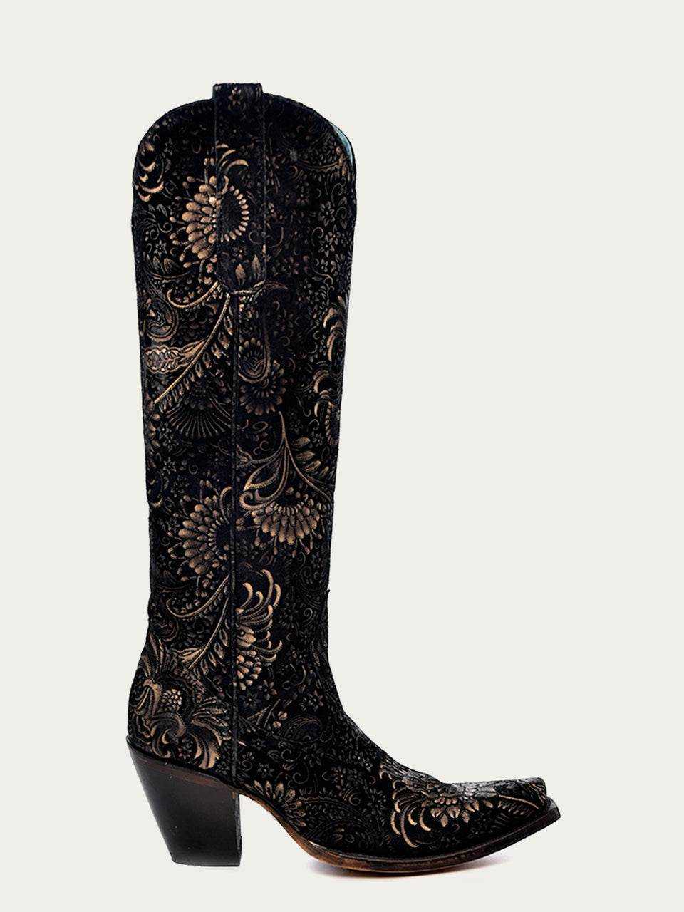 Women's Corral Black Genuine Leather Boots with Gold Stamped Floral, tall black leather boot with ornate gold floral pattern and snip toe