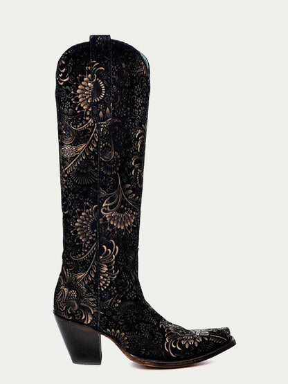 Women's Corral Black Genuine Leather Boots with Gold Stamped Floral, tall black leather boot with ornate gold floral pattern and snip toe