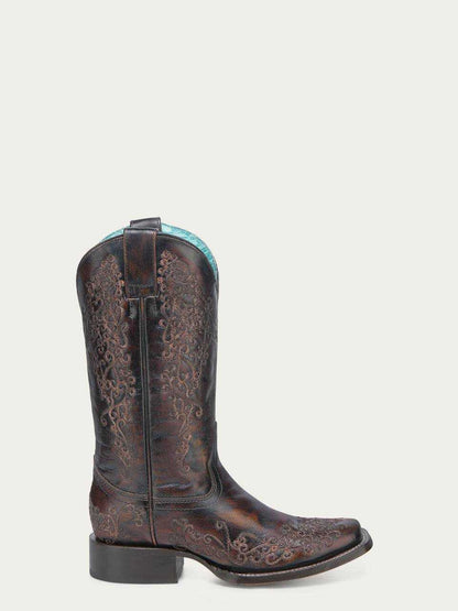 Women's Corral Black Genuine Leather Boots with Honey Floral, black leather western boot with ornate honey floral embroidery