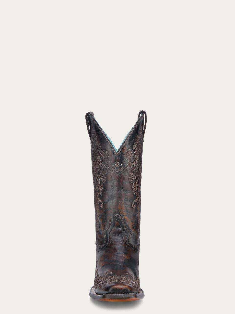 Women's Corral Black Genuine Leather Boots with Honey Floral embroidery, tall pull-on western boot with ornate floral stitching