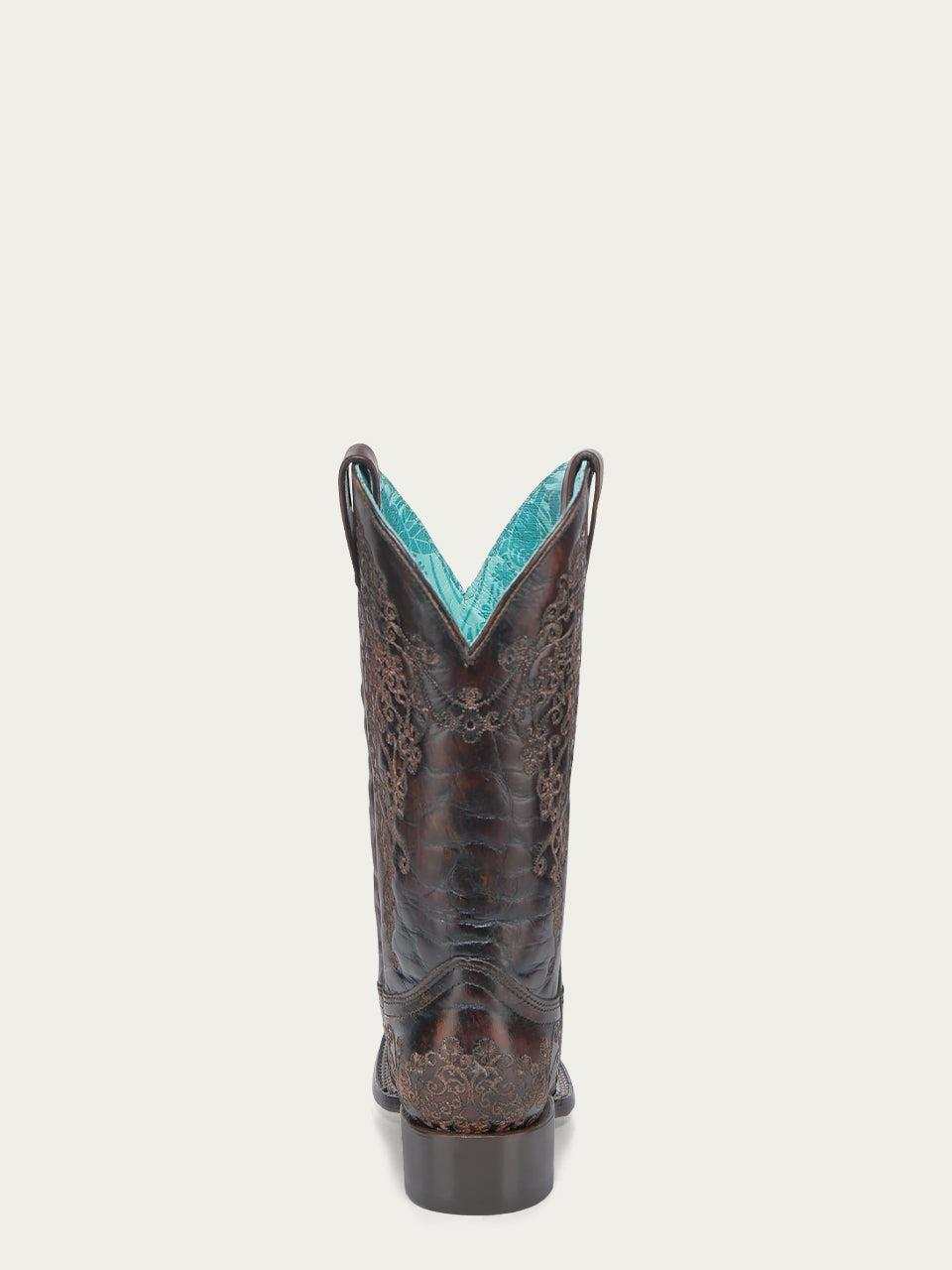 Women's Corral Black Genuine Leather Boots with Honey Floral, dark leather western boot with ornate floral embroidery and turquoise lining