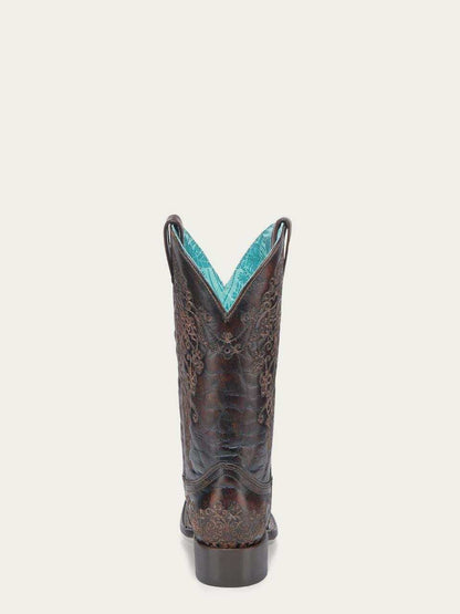 Women's Corral Black Genuine Leather Boots with Honey Floral, dark leather western boot with ornate floral embroidery and turquoise lining