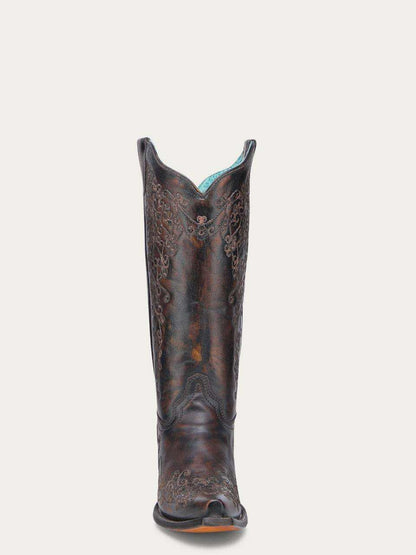 Women's Corral Black Genuine Leather Boots with Honey Floral Embroidery, tall dark leather western boot with floral stitching