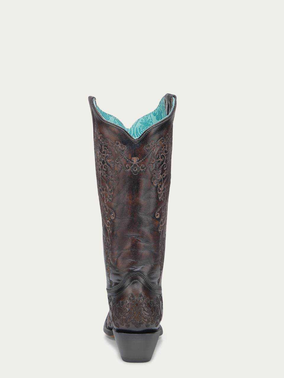 Women's Corral Black Genuine Leather Boots with Honey Floral Embroidery, dark leather shaft with ornate floral tooling and turquoise lining