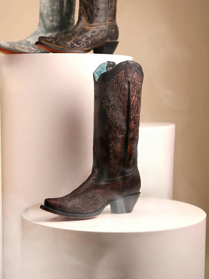 Women's Corral Black Genuine Leather Boots with Honey Floral Embroidery, dark brown leather western boot with floral tooling