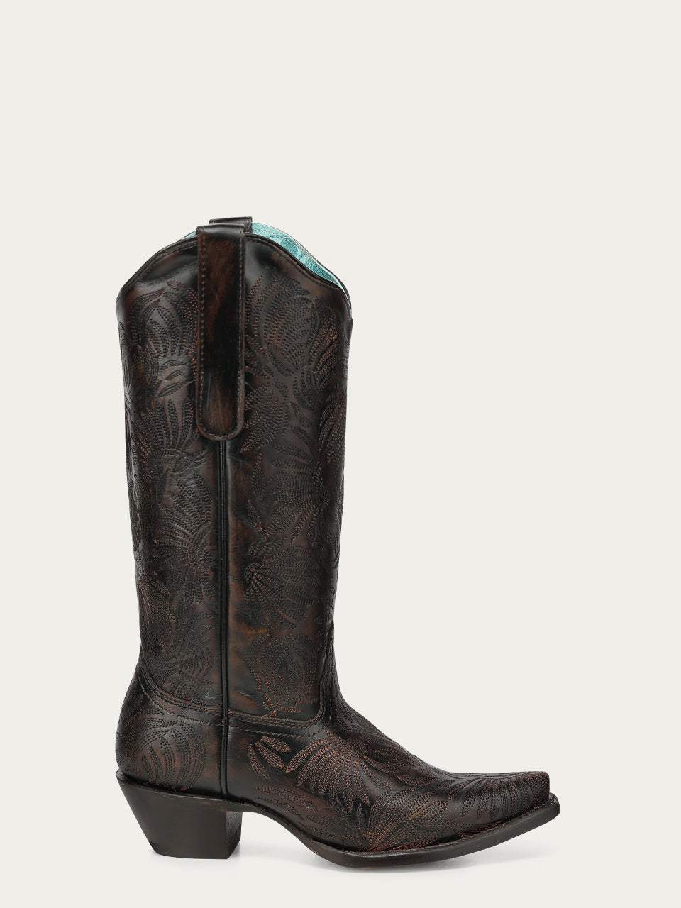 Women's Corral Black Genuine Leather Boots with Honey Floral Petal embroidery, pointed toe and block heel
