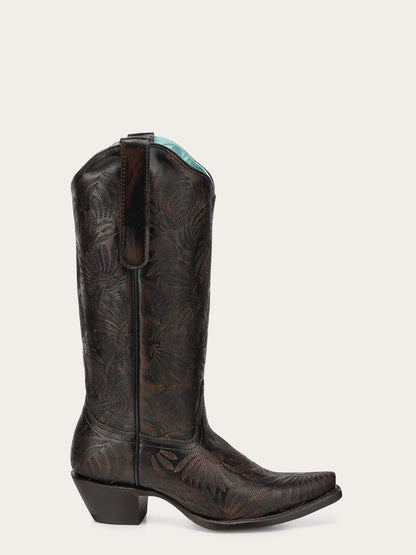 Women's Corral Black Genuine Leather Boots with Honey Floral Petal embroidery, pointed toe and block heel