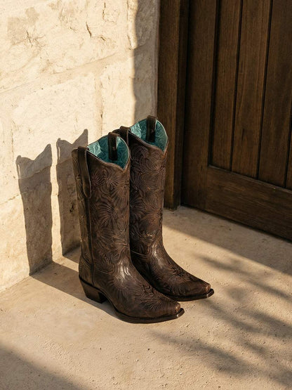 Women's Corral Black Genuine Leather Boots with Honey Floral Petal, dark brown leather cowboy boots with embossed floral pattern