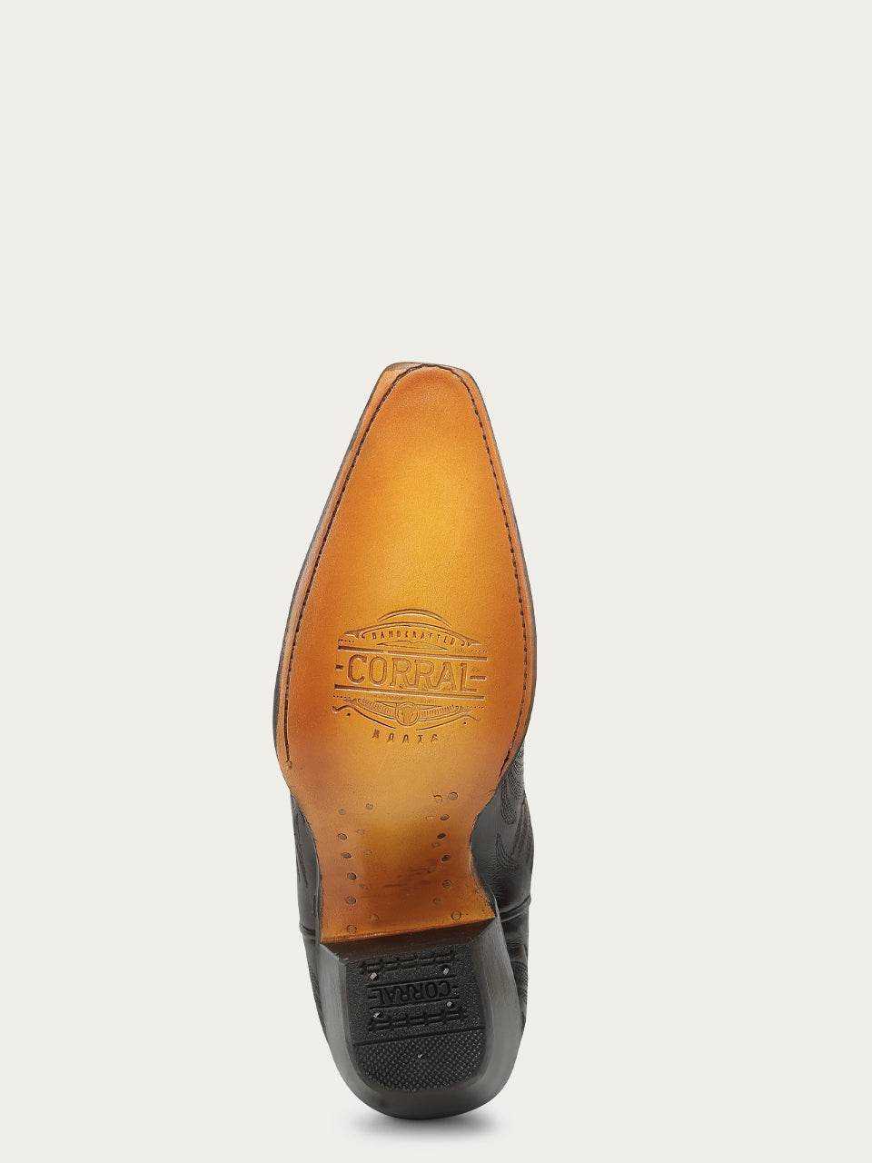 Women's Corral Black Genuine Leather Boots with Honey Floral Petal, showing branded leather sole and dark heel