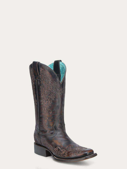 Women's Corral Black Genuine Leather Boots with Honey Floral embroidery, tall western boot with square toe and stacked heel