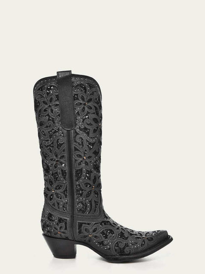 Women's Corral Black Genuine Leather Boots with Inlay & Embroidery & Studs, ornate black western boot with floral cutouts and snip toe