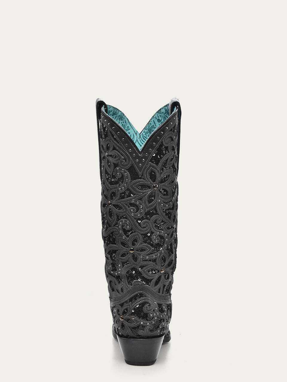 Women's Corral Black Genuine Leather Boots with Inlay & Embroidery & Studs, featuring ornate floral embroidery and a stacked heel