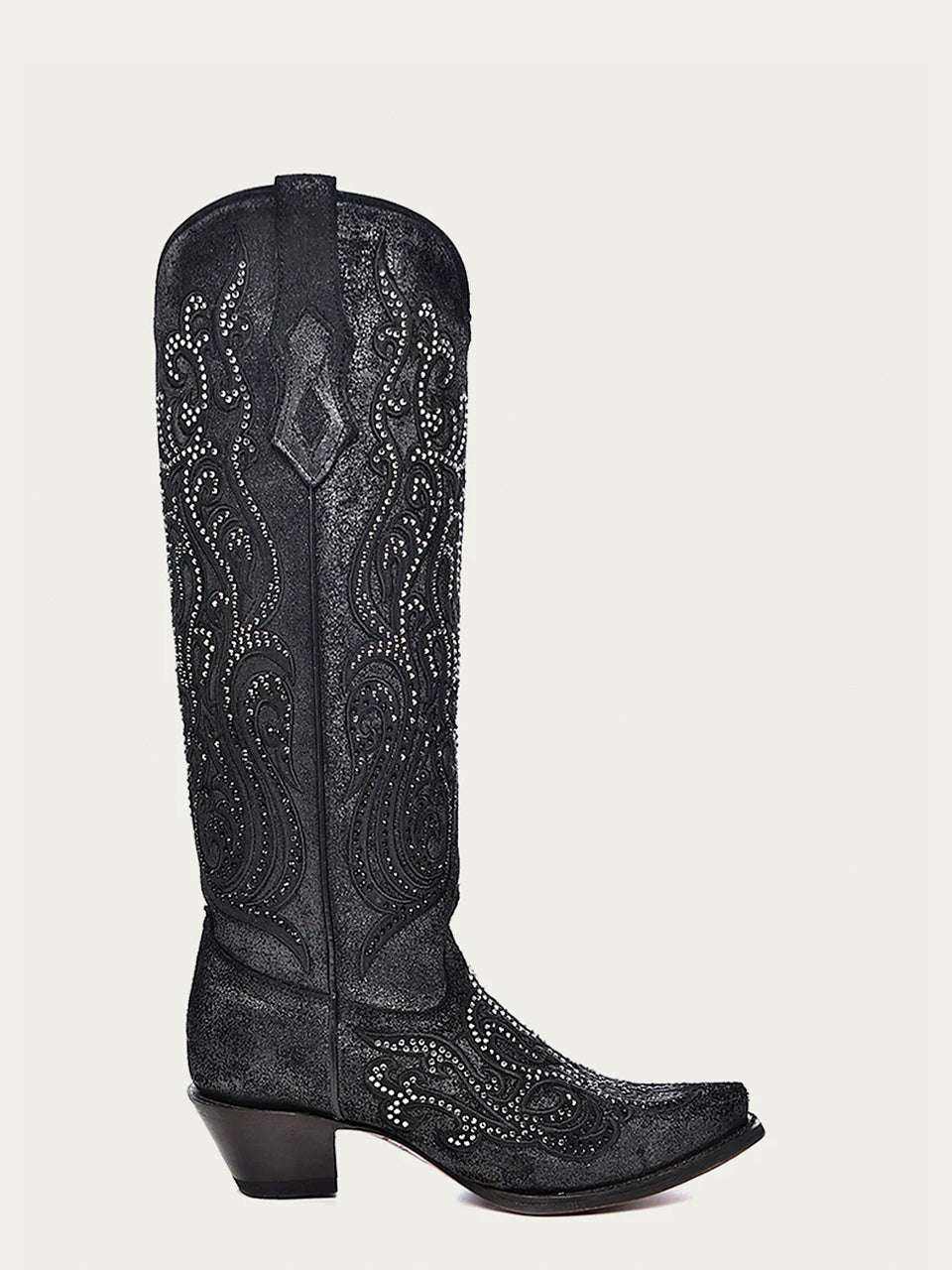 Women's Corral Black Genuine Leather Boots with Overlay & Crystals, tall black leather western boot with ornate embroidery