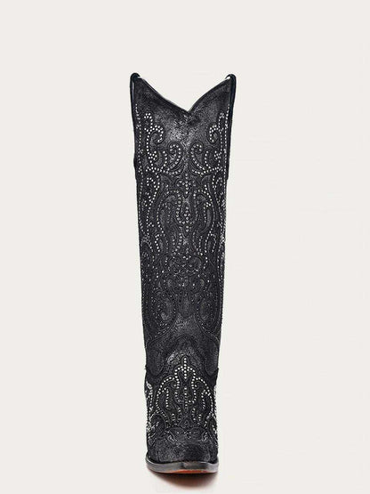 Women's Corral Black Genuine Leather Boots with Overlay & Crystals, tall black leather boot with ornate paisley embroidery