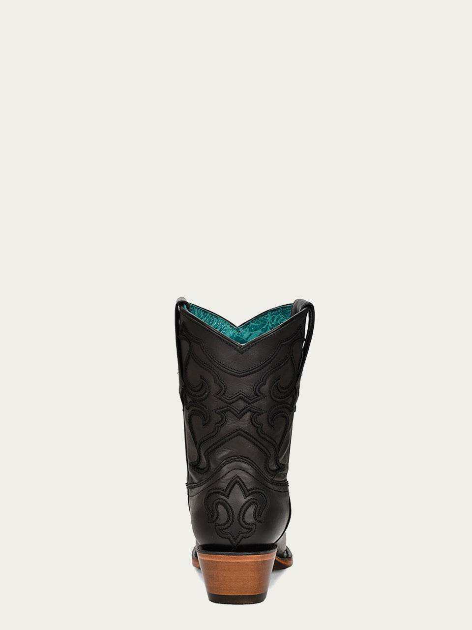 Women's Corral Black Genuine Leather Boots with Embroidery, tall black leather Western boots with ornate stitched patterns and pull-on straps