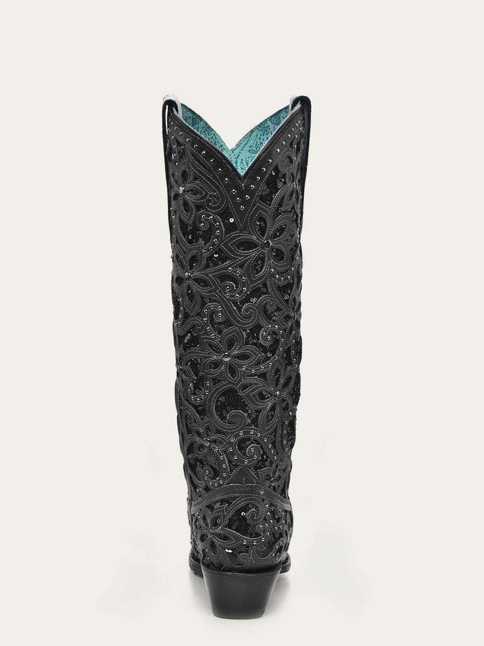 Women's Corral Black Genuine Leather Boots with Full Inlay & Studs tall black leather cowboy boot with ornate floral inlay