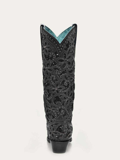 Women's Corral Black Genuine Leather Boots with Full Inlay & Studs tall black leather cowboy boot with ornate floral inlay
