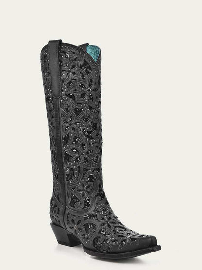 Women's Corral Black Genuine Leather Boots with Full Inlay & Studs, tall black leather cowboy boot with floral inlay and snip toe