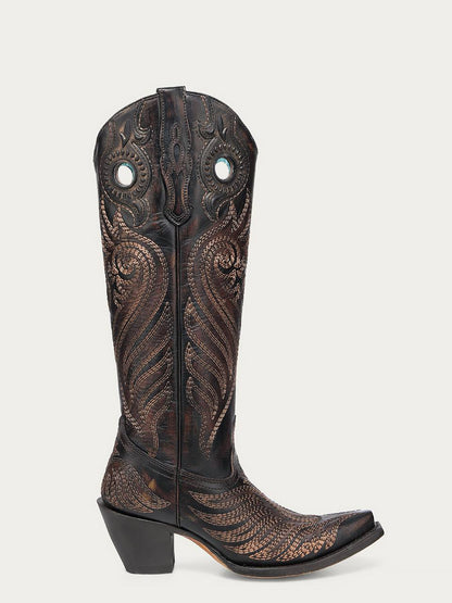 Women's Corral Black Genuine Leather Boots with Honey Overlay, tall black leather cowboy boot with honey-toned ornate stitching and pull holes