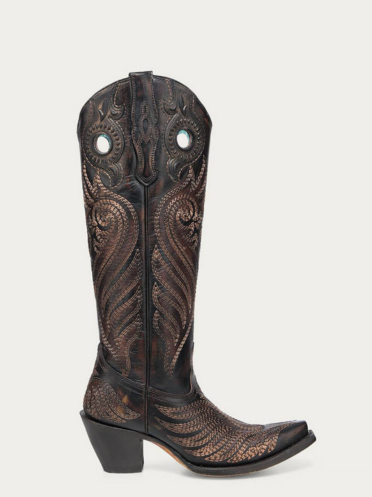 Women's Corral Black Genuine Leather Boots with Honey Overlay, tall black leather cowboy boot with honey-toned ornate stitching and pull holes