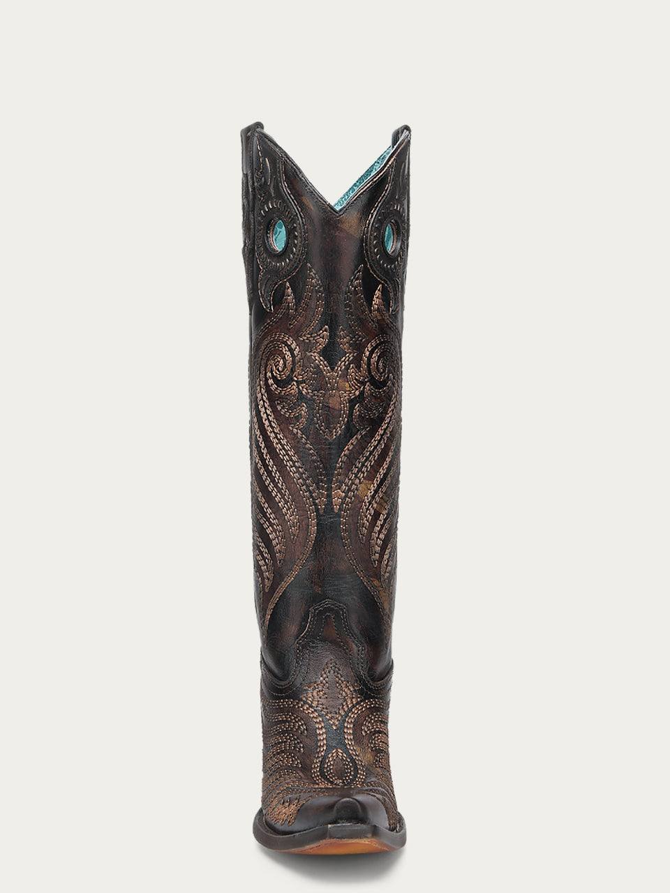 Women's Corral Black Genuine Leather Boots with Honey Overlay, dark leather cowboy boot with ornate copper-toned stitching and turquoise accents