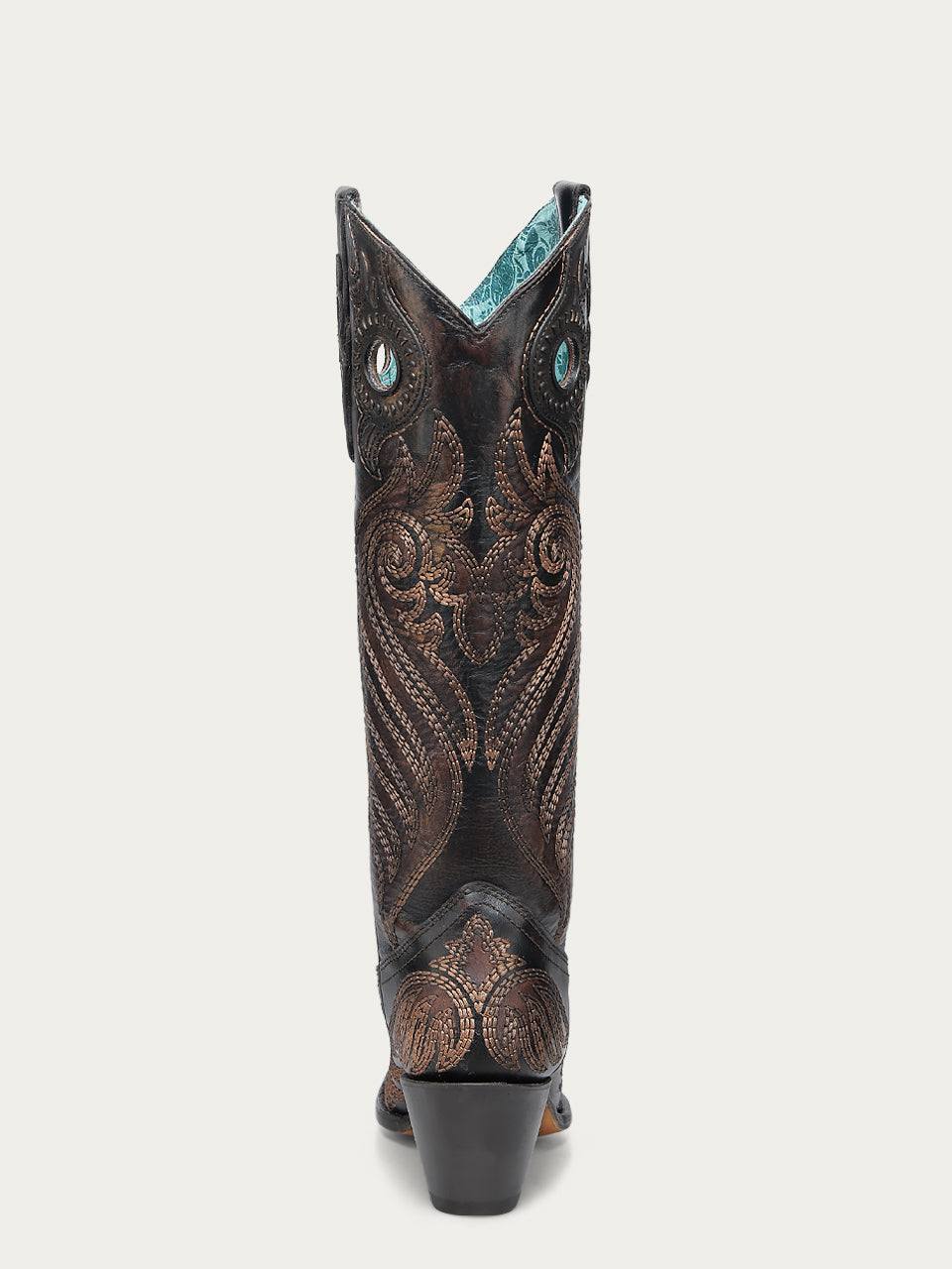 Women's Corral Black Genuine Leather Boots with Honey Overlay feature dark brown leather, ornate stitching and turquoise pull holes