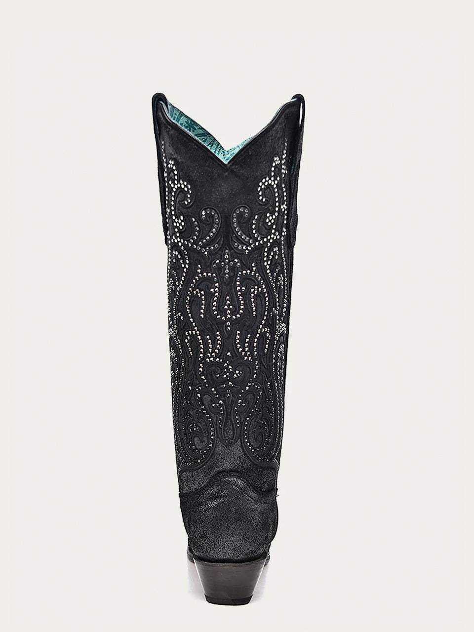 Women's Corral Black Genuine Leather Boots with Overlay & Crystals, tall black leather boots with ornate embroidery