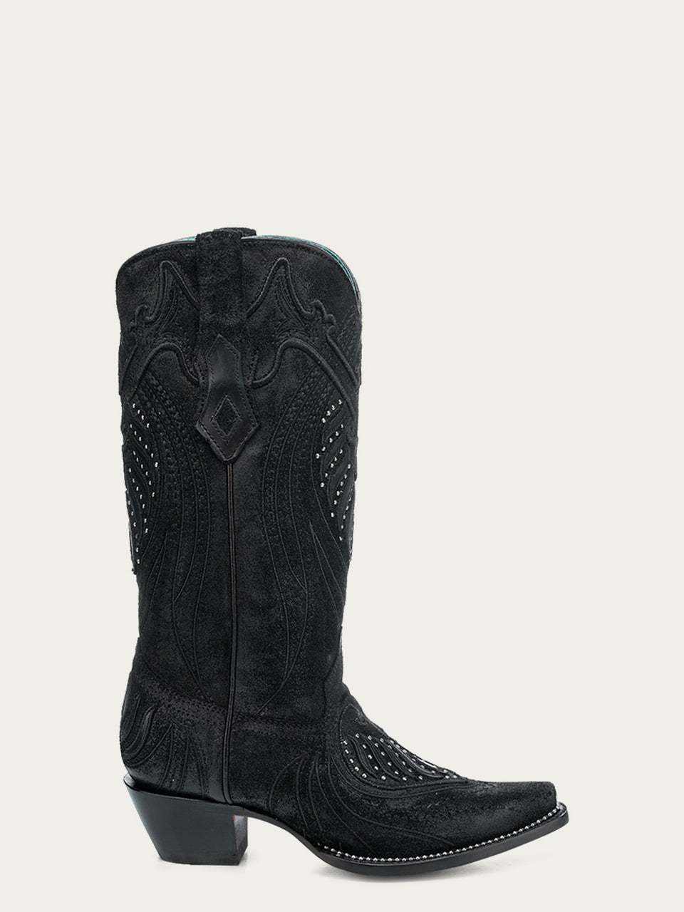 Women's Corral Black Genuine Leather Boots with Overlay, featuring black embossed embroidery, stud accents, and a snip toe