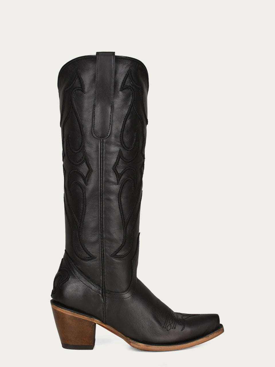Women's Corral Black Genuine Leather Boots with Tall shaft, black leather and matching curved stitching, pull tab and snip toe