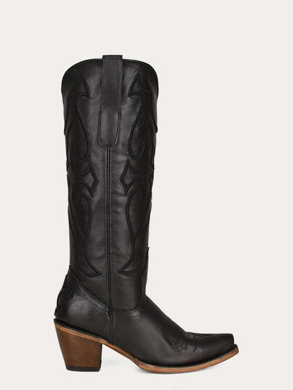 Women's Corral Black Genuine Leather Boots with Tall shaft, black leather and matching curved stitching, pull tab and snip toe