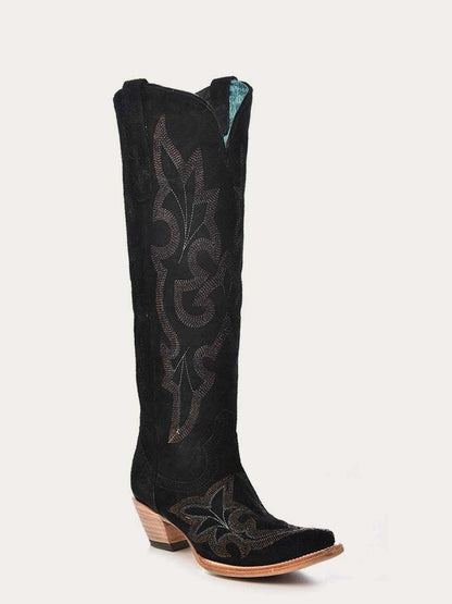 Women's Corral Black Genuine Suede Leather Boots with Embroidery, tall western snip-toe boot with ornate shaft design